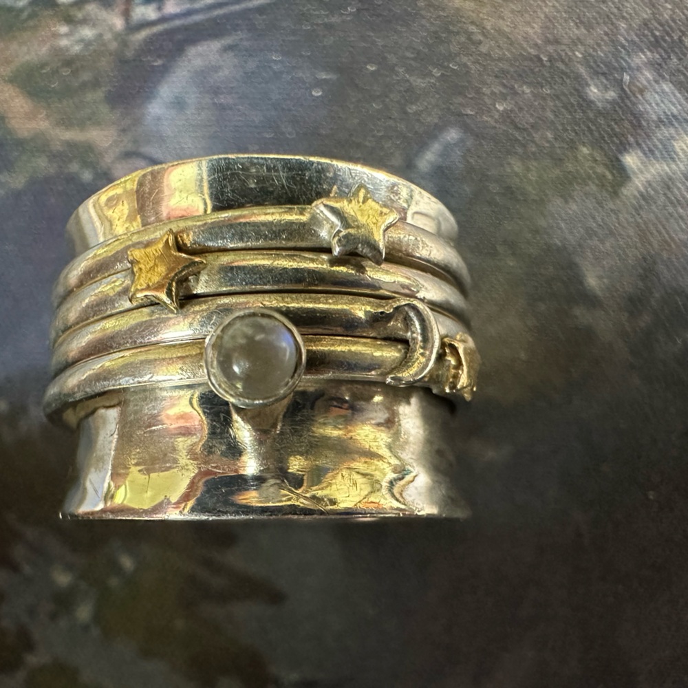 Boho Magic Jewelry Fidget Ring Moon Moonstone and Stars Sterling Silver